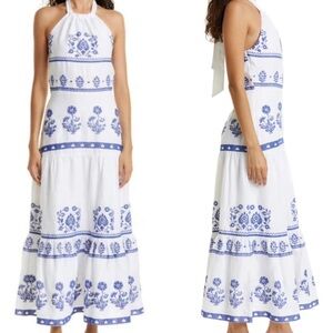 Reformation Milly Linen Embroidered Halter Maxi Dress